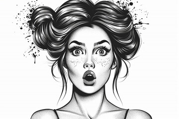 Wall Mural - monochrome Vector illustration: surprised woman with elegant updo hairstyle.