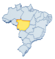 Wall Mural - Brazilian state of Mato Grosso highlighted in golden yellow on three-dimensional map of Brazil isolated on transparent background. 3D rendering