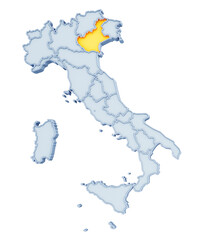 Wall Mural - Italian region of Veneto highlighted in golden yellow on three-dimensional map of Italy isolated on transparent background. 3D rendering