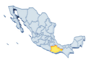 Wall Mural - Mexican state of Oaxaca highlighted in golden yellow on three-dimensional map of Mexico isolated on transparent background. 3D rendering