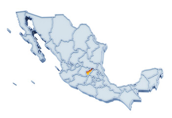 Wall Mural - Mexican state of Querétaro highlighted in golden yellow on three-dimensional map of Mexico isolated on transparent background. 3D rendering