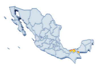 Wall Mural - Mexican state of Tabasco highlighted in golden yellow on three-dimensional map of Mexico isolated on transparent background. 3D rendering