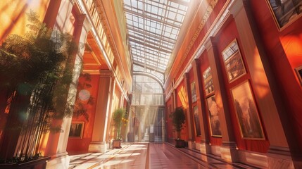 Sticker - A vibrant image of a museum's atrium, with natural light streaming through the glass ceiling and a stunning display of artwork.