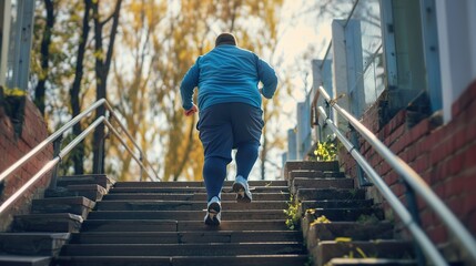 Fat chubby man climbing stairs