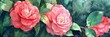Camellias are the aristocrats of the garden, dignified and graceful in their bloom, kawaii water color, bright water color