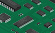 Isometric electronic board. Isometric printed circuit board with electronic components. Electronic components and integrated circuit board