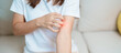 woman itching and scratching itchy arm. Sensitive Skin Allergic reaction to insect bite, food, drug dermatitis. Dermatology, Leprosy day, Systemic lupus erythematosus, Allergy symptoms and rash Eczema