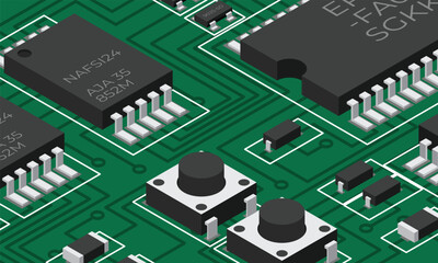 Isometric electronic board. Isometric printed circuit board with electronic components. Electronic components and integrated circuit board