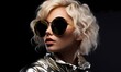 © Synesthesia AI Stock - Futuristic fashion: a stylish woman embodies the essence of edm and techno music genres in this perfect cover art image, featuring reflective sunglasses and metallic clothing
