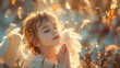 portrait of toddler angel or little boy praying with eyes closed, peaceful, golden hour, sweetheart
