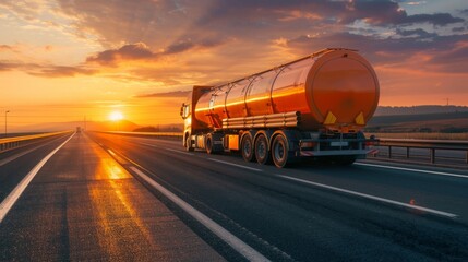 A chemical tanker truck travels on a highway during a vibrant sunset, illustrating logistics and transportation of hazardous materials in a scenic environment.