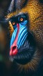 Amidst lush jungle foliage, a mandrill's face is captured in exquisite detail, revealing its unique charm and character.