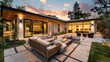 A beautifully designed modern backyard patio, illuminated by a warm sunset, perfect for relaxation and entertaining.