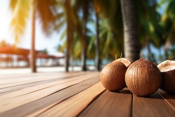 Poster - A photo of young coconuts an wooden table with a tiki beach bar blurred background Generative AI