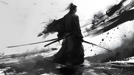 Canvas Print - Abstract ink drawing of a samurai. Japanese style art.