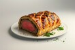 3D render of beef wellington on plate isolated on white backdrop, food