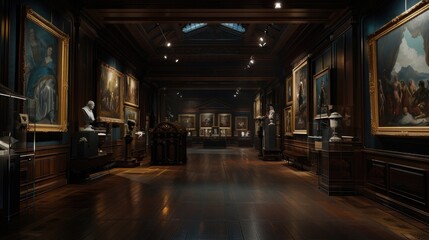 Wall Mural - An enchanting image of a museum's dimly lit gallery, highlighting the artwork's subtle details and textures.