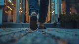 Fototapeta Uliczki - An enchanting image of a person's feet, walking away from the office building, with a sense of lightness and relief on Leave The Office Early Day.