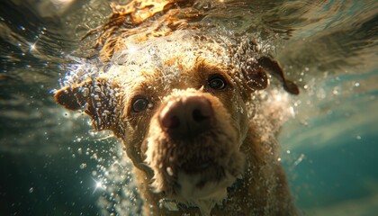 Underwater shot of a swimming dog from beneath the water's surface. The dog's face shows joy and playfulness as it looks at the camera. Sunlight illuminates the fur and creates dynamic reflections.