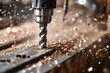 A drill bit is spinning on a piece of wood, creating a lot of sawdust. Concept of motion and energy, as well as the process of creating something new