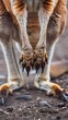 A close-up portrait of a kangaroo's powerful hind legs and feet