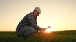 farmer working digital tablet, wheat field sunset, smart agribusiness sunset, agro startup landscape, agriculture productivity apps, green wheat technology, agriculture growth stage, agri data sunset