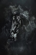 Beautiful black horse head with smoke and splashes of paint on dark background, abstract grunge design concept