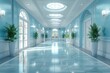 An empty hallway with blue walls and white columns. The hallway is lit by natural light coming in from the windows. The floor is made of shiny white marble. There are potted plants on either side of t
