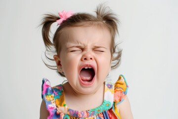 Closeup photo of a cute little baby girl child crying and screaming isolated on white background