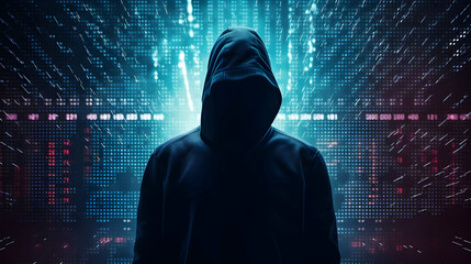 Wall Mural - A hacker's shadowy figure with a distorted digital background,