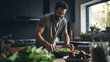 © Visual Aurora - A man joyfully cooking a nutritious meal at home,