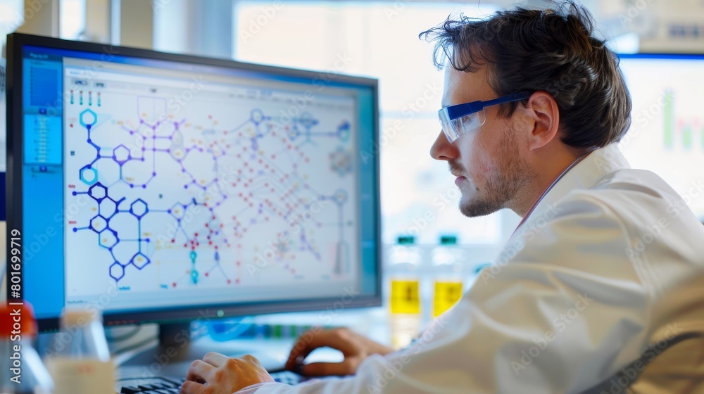Chemist using computer modeling software to visualize molecular interactions, screen displaying chemical structures and reactions