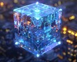 A glowing blue cube made of glass with intricate circuitry inside it.
