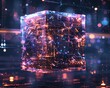 A glowing cube of orange and blue circuitry floats in a dark void.
