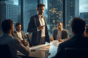 A mentor standing at the boardroom and explaining during presentation