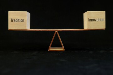 Balance tradition and innovation concept. Wooden blocks on a scale.