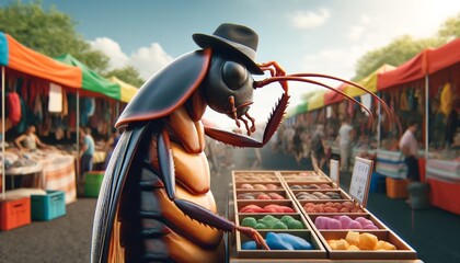 A cockroach wearing a fedora is shopping at a market