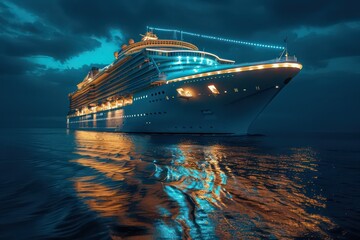 Wall Mural - beautiful cruise ship sailing at night on sea, electric glowing lights