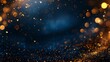 © sorapop - A mesmerizing abstract background featuring the serene beauty of dark blue complemented by the radiance of golden particles. The festive glow of Christmas golden lights introduces, AI Generative