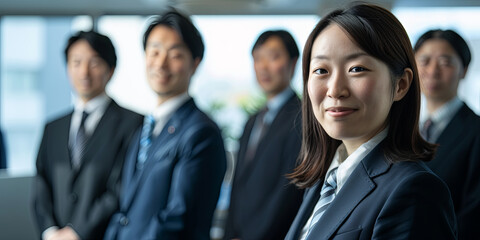 Wall Mural - Asian business people standing in an office, generative AI