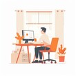 man working in home office in a flat illustration style on a white background