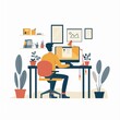 man working in home office in a flat illustration style on a white background