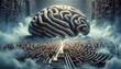 A massive human brain over a complex maze, symbolizing the intricate and enigmatic pathways of the human psyche. A lone figure navigates the labyrinth, representing the journey of self-discovery.