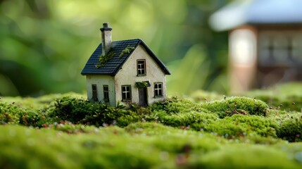 green macro house with moss texture on moss surface