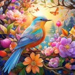 a stunning digital artwork featuring Leke adorned with colorful birds and delicate flowers, capturing the essence of beauty and nature.