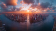 New York City, aerial view of the city skyline at sunrise, wide angle, hyper realistic photography, golden hour lighting, in the style of hyper realistic photography.