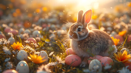 Enchanting Rabbit Delivering Easter Eggs in Lush Spring Meadow