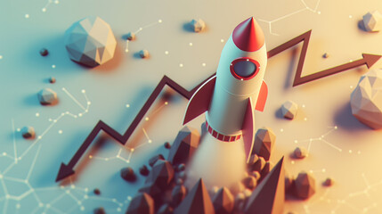 Poster - Rocket ascending over a growth chart, digital illustration, on a pale blue background, concept of business growth. Generative AI