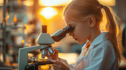 Wall Mural - A young girl in a lab coat using a microscope, warm light, educational concept, Generative AI