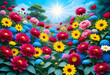 Illustration of colorful spring flowers with sun in sky